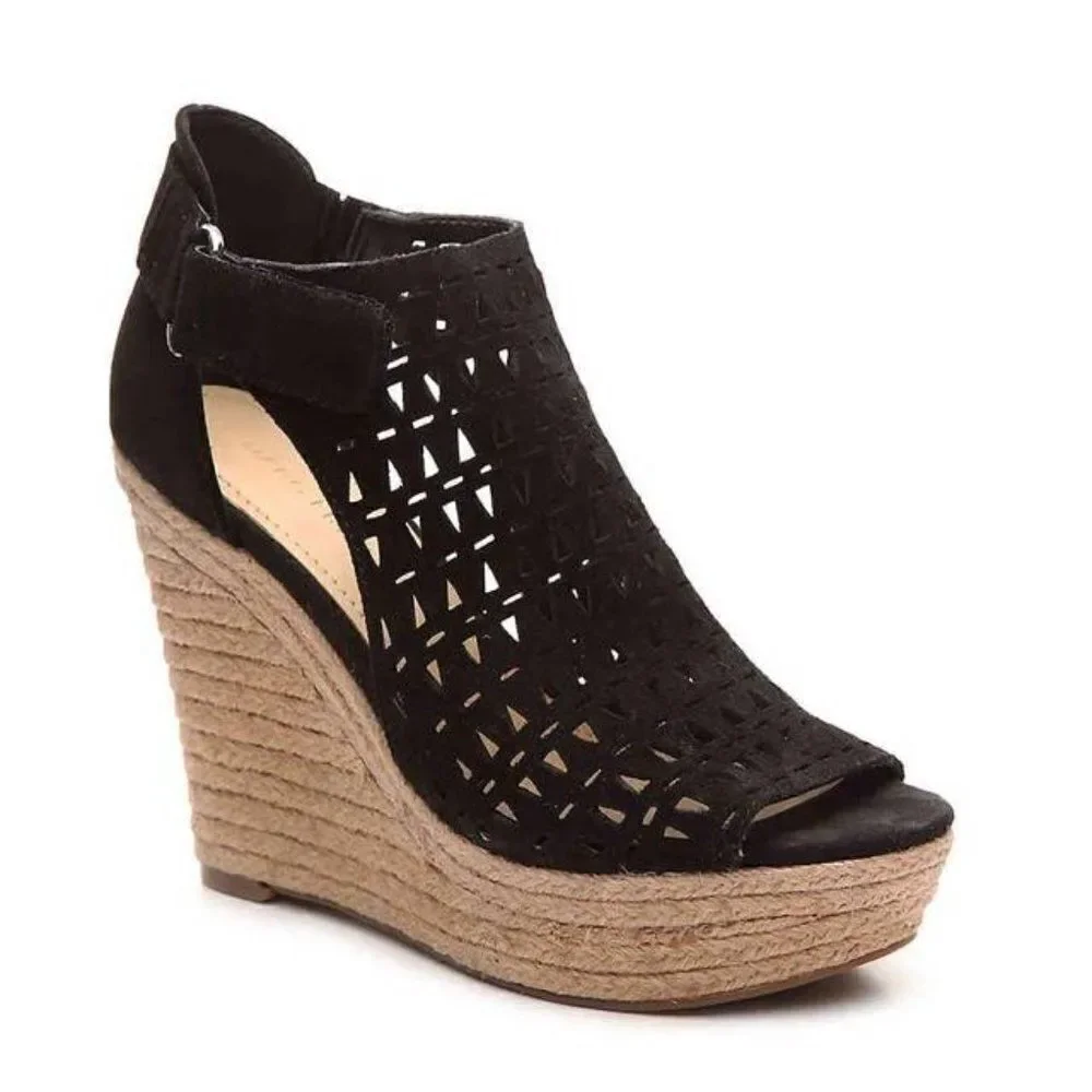 Marc Fisher Helina Platform Laser Cutout Suede Peep Toe Espadrille Wedge Black